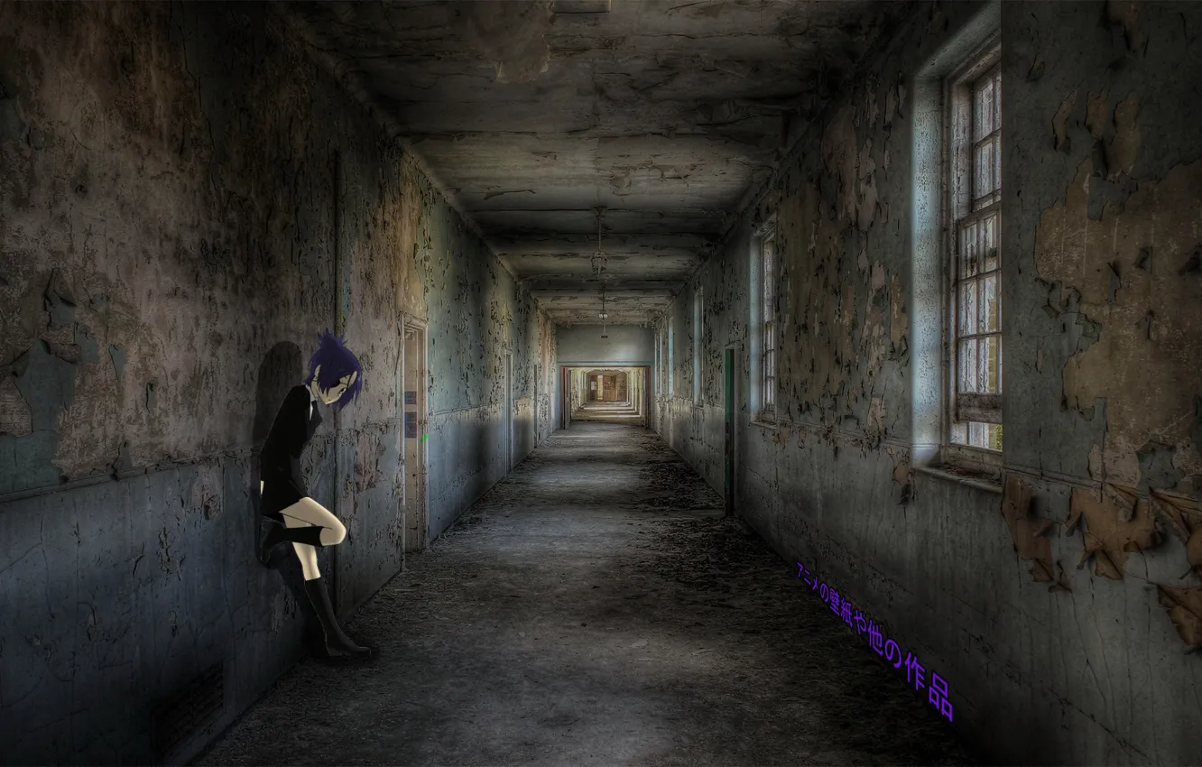 Photo wallpaper girl, wall, anime, abandoned house, madskillz