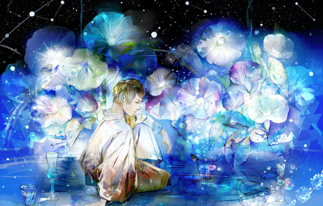 Photo wallpaper stars, flowers, night, anime, art, guy, saiga tokihito