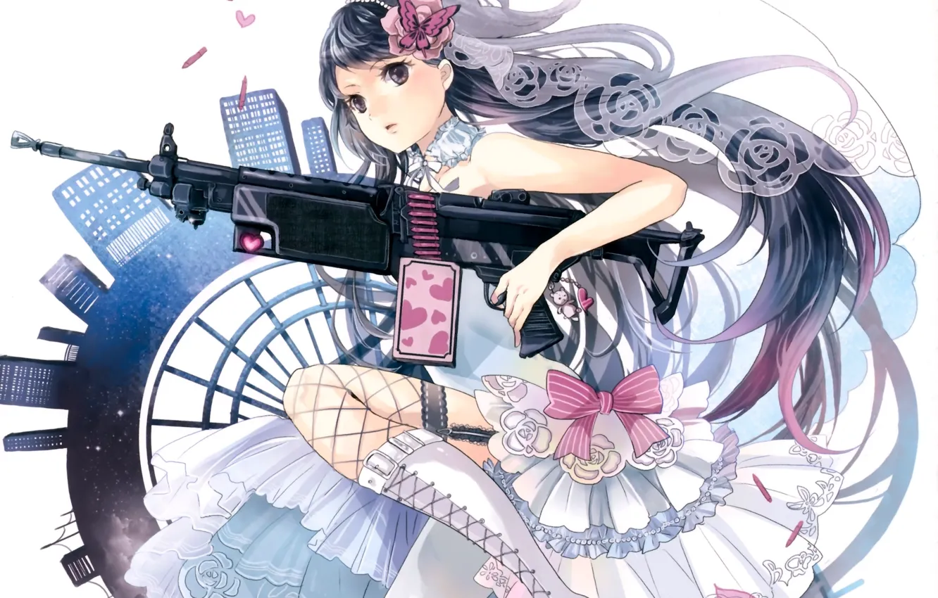 Photo wallpaper girl, flowers, weapons, butterfly, home, anime, art, hearts