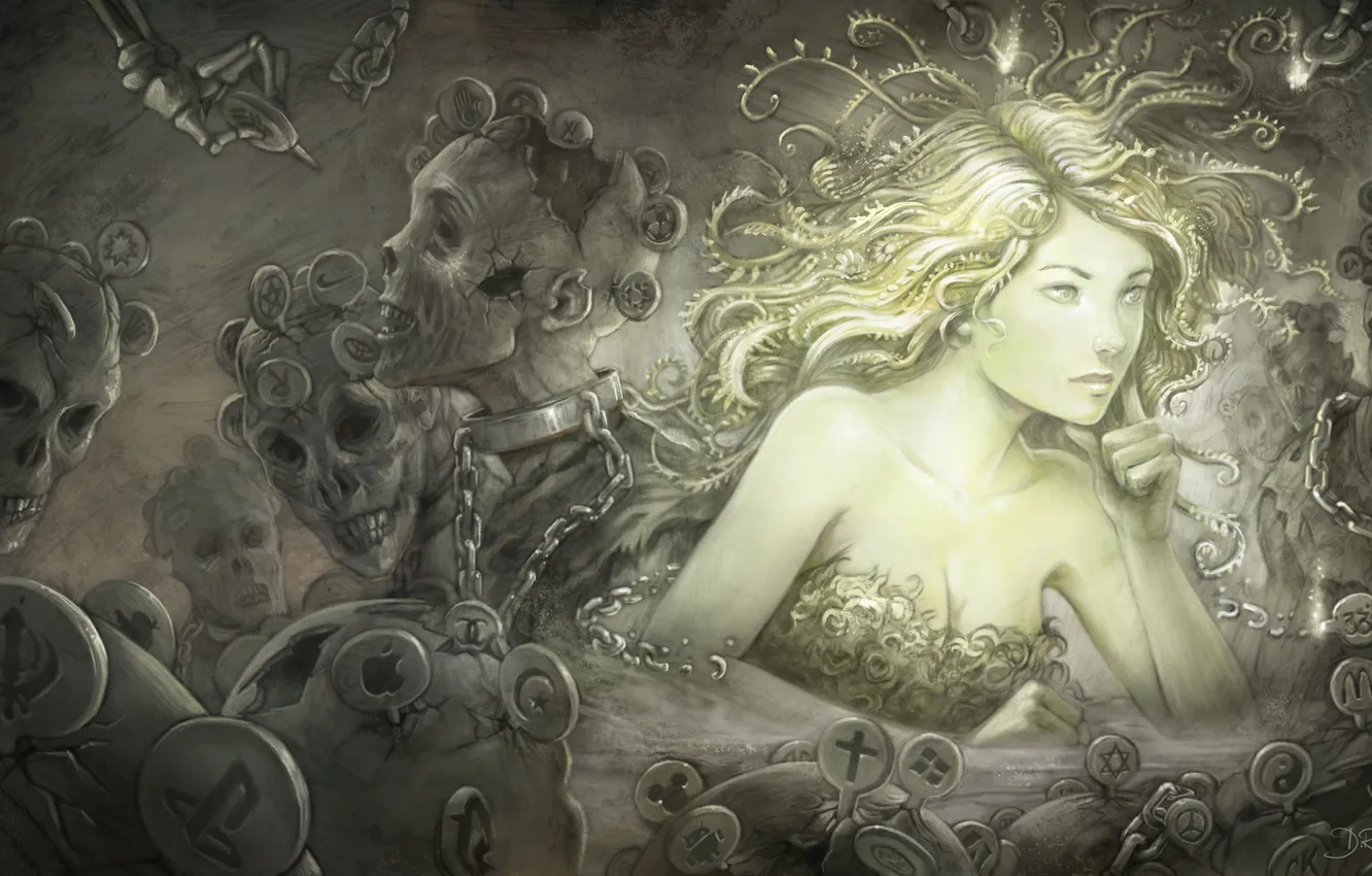 Photo wallpaper girl, face, hair, art, chain, zombies, labels