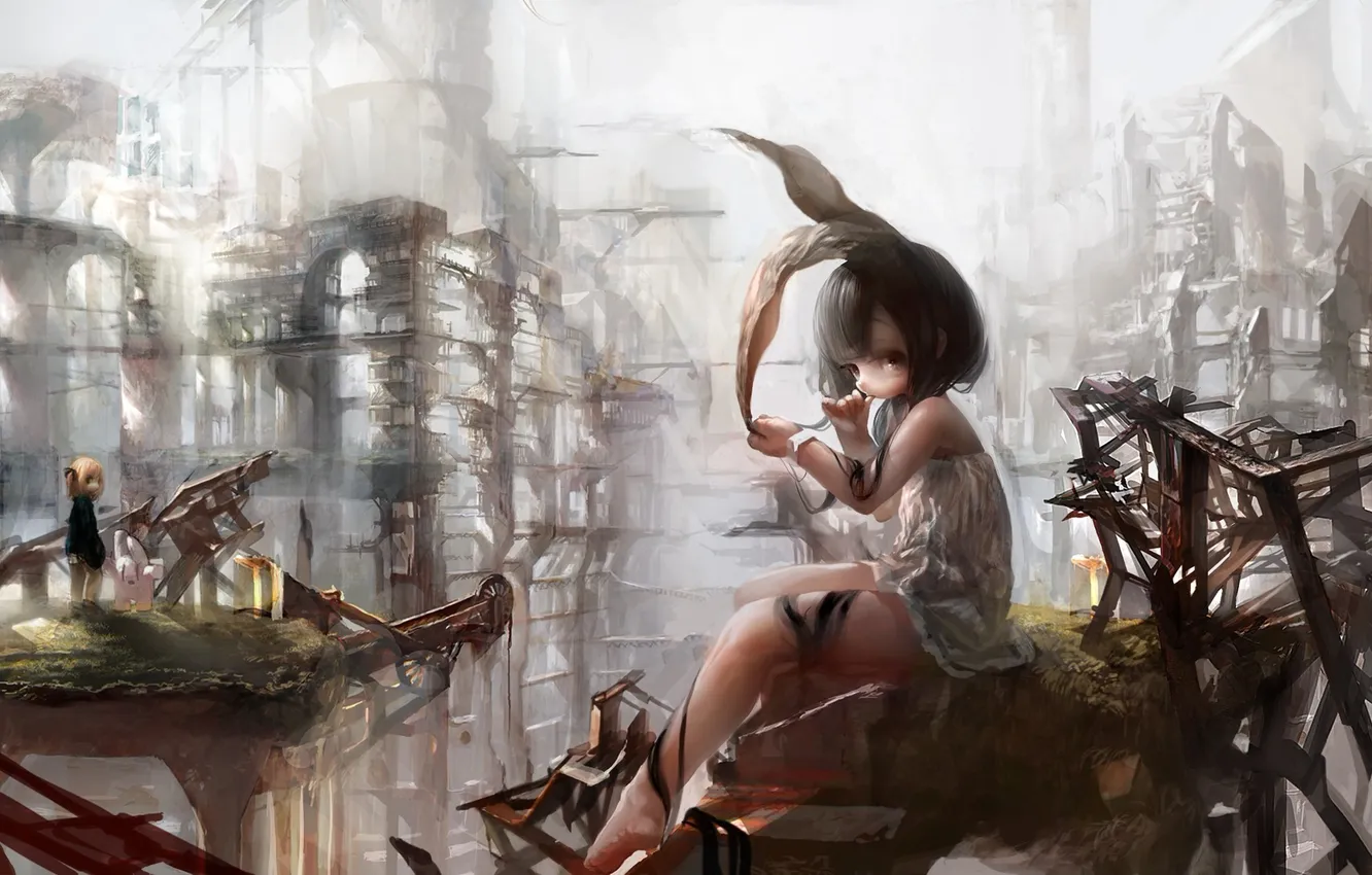 Photo wallpaper girl, animal ears, looking at the viewer, destroyed buildings