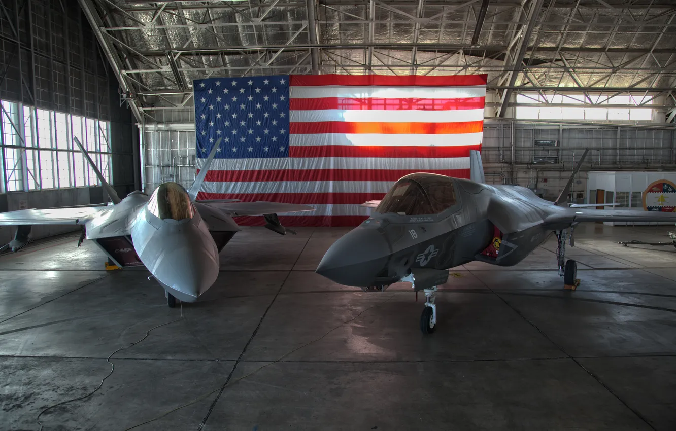 Photo wallpaper fighter, hangar, F-22 Raptor, F-35A