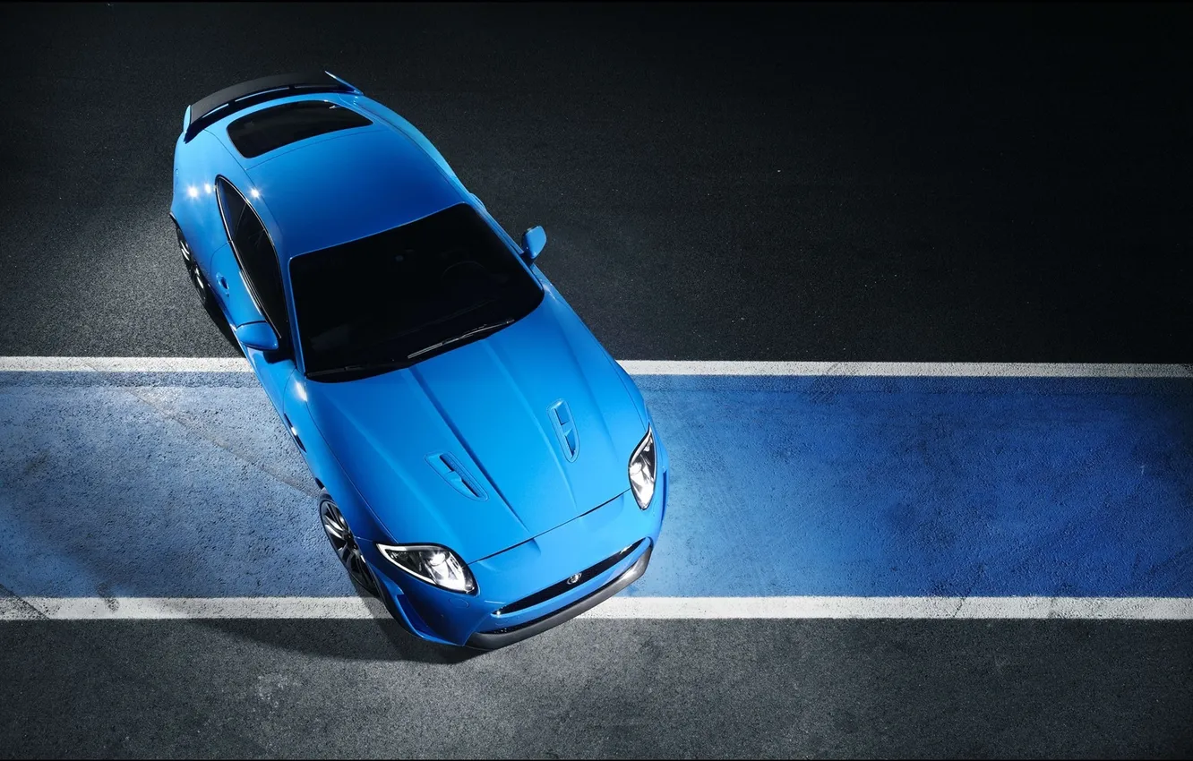 Photo wallpaper asphalt, blue, strip, Jaguar, the view from the top, turn, Jaguar XKR S 2011