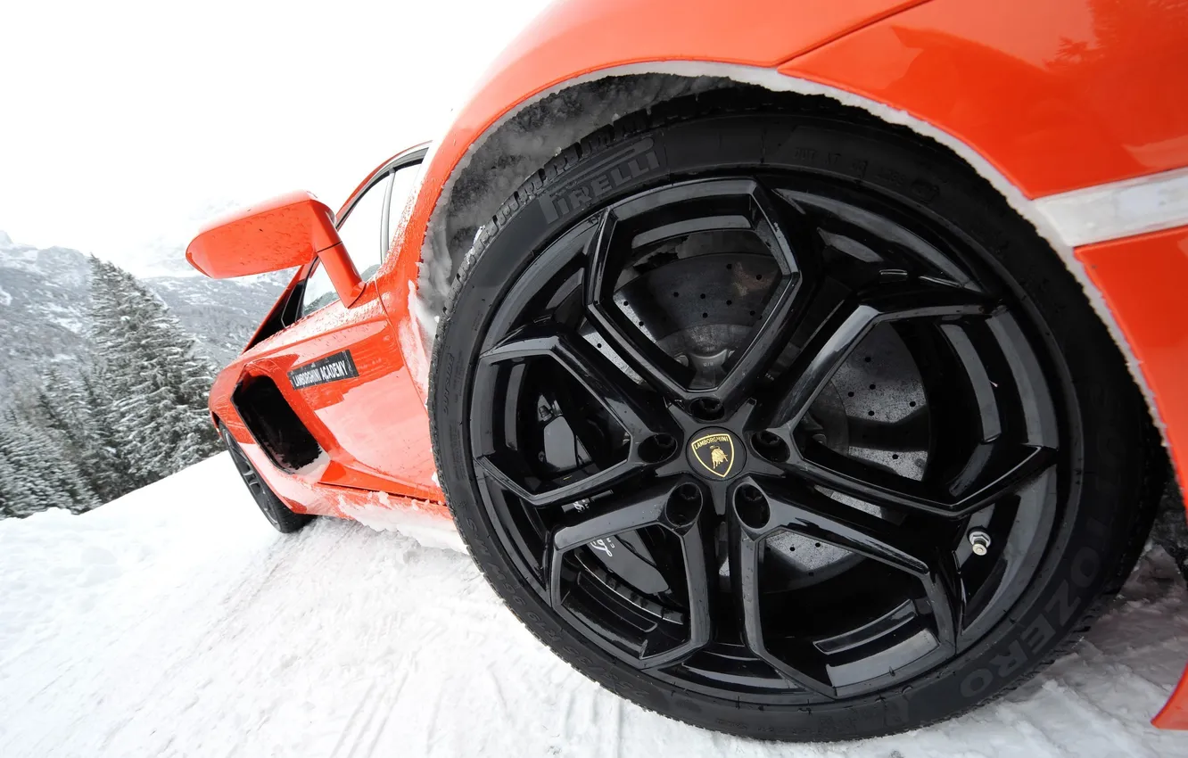 Photo wallpaper snow, wheel, disk, sports car, view, Lamborghini LP700-4 Aventador