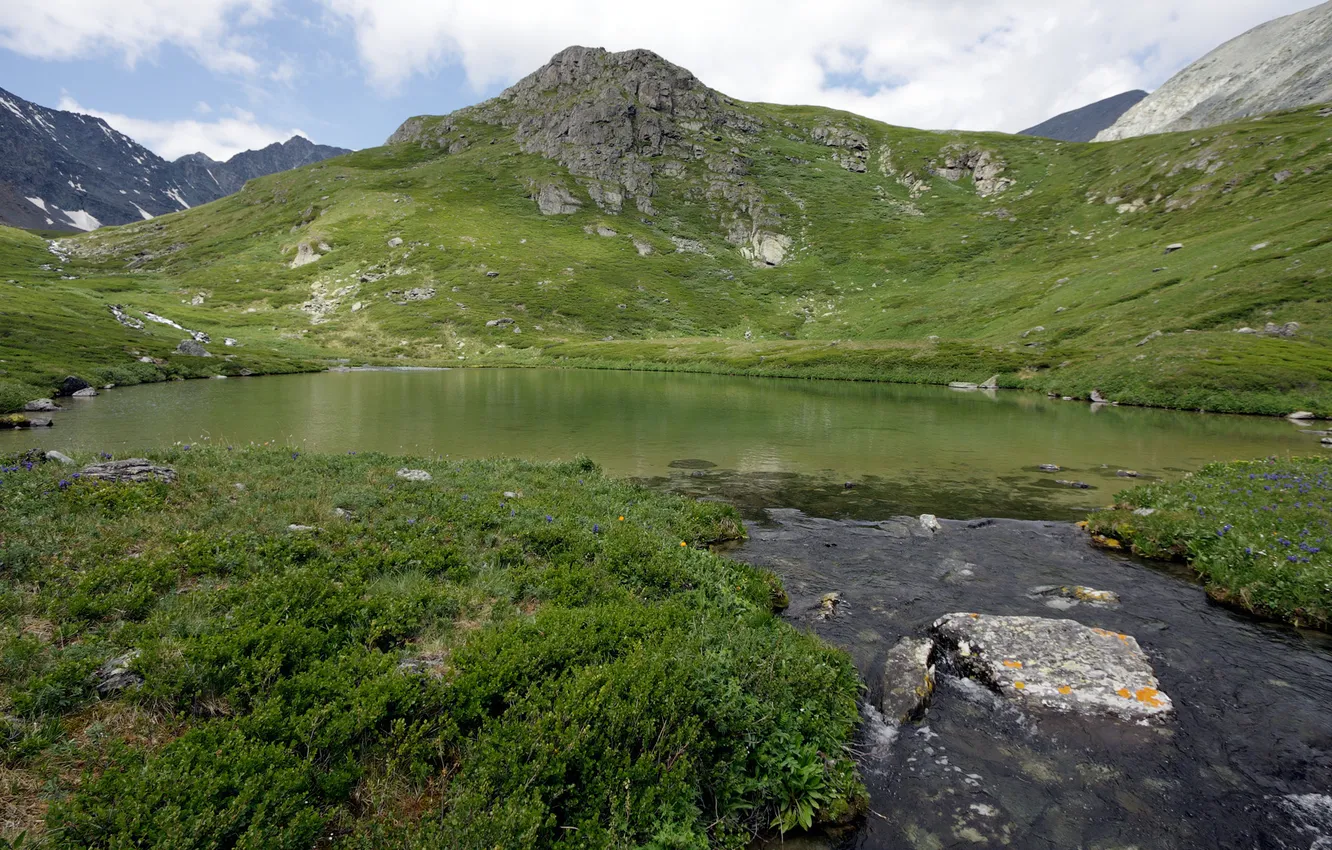 Photo wallpaper mountains, lake, stones