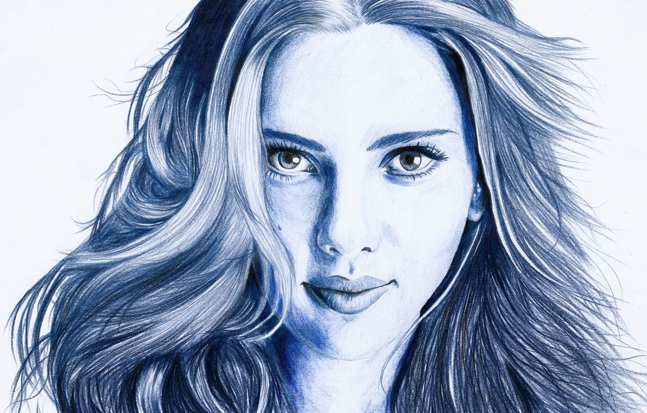 Photo wallpaper look, blue, face, hair, portrait, pencils, actress, Scarlett Johansson