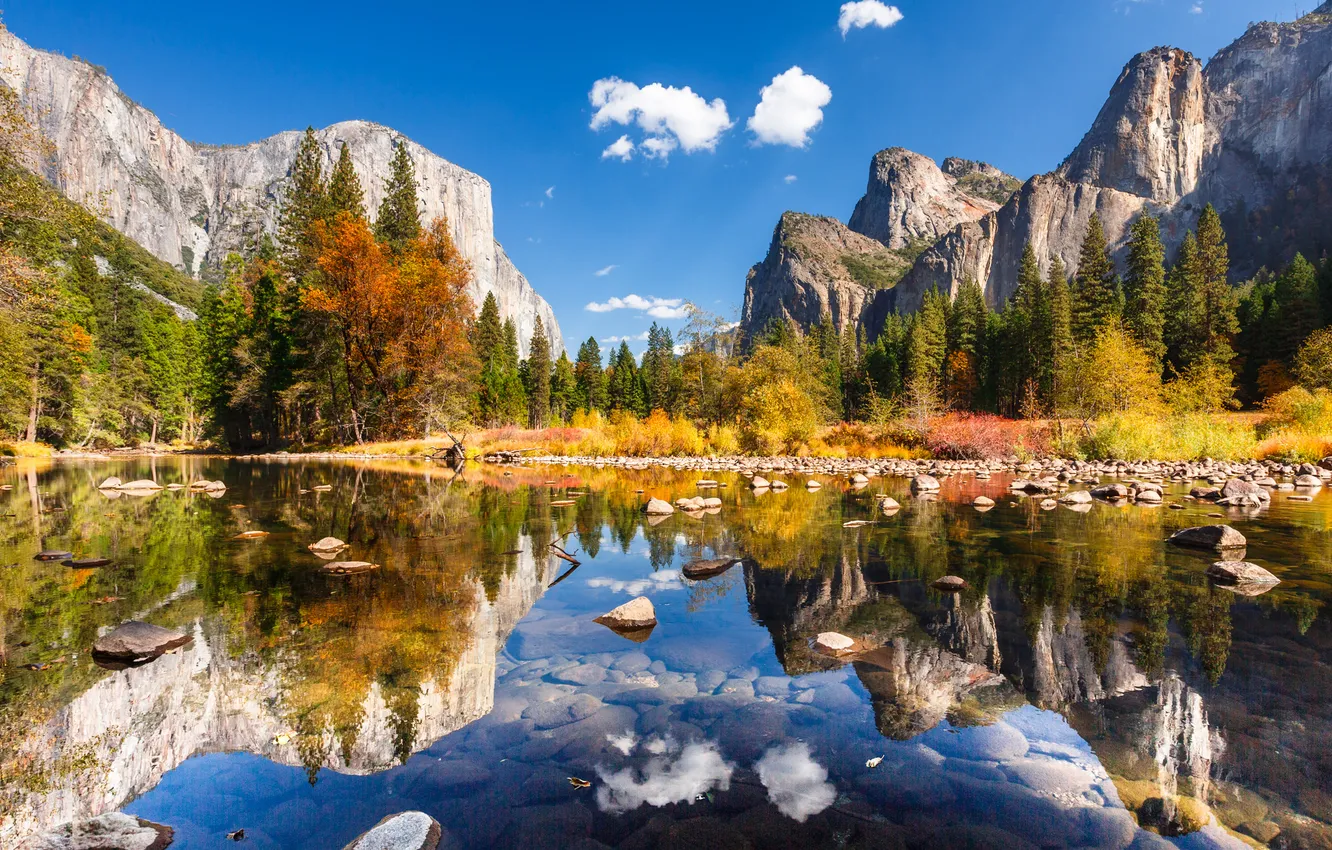 Photo wallpaper autumn, forest, trees, mountains, lake, river, stones, CA