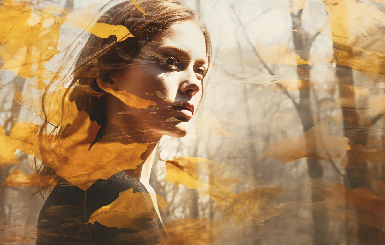 Photo wallpaper autumn, look, girl, trees, face, digital art, AI art, The Art of Artificial Intelligence