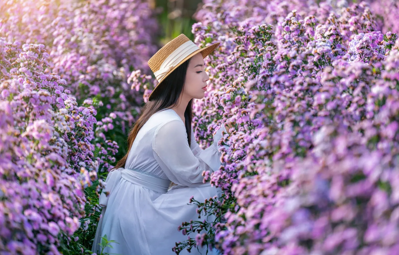 Photo wallpaper field, girl, light, flowers, hat, dress, profile, Asian
