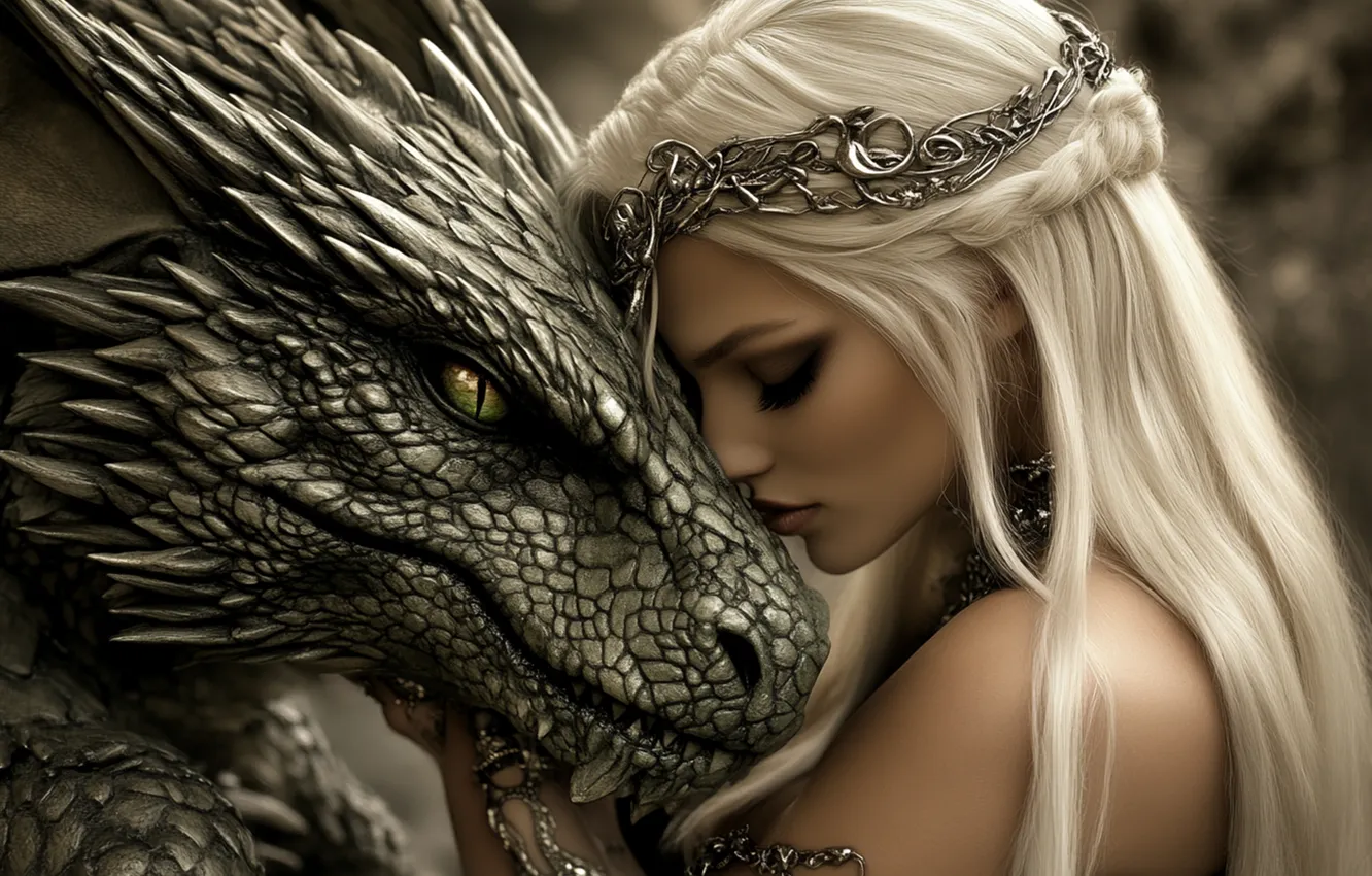 Photo wallpaper shoulders, Beauty and the beast, neural network, look, AI art, face, closed eyes, hairstyle