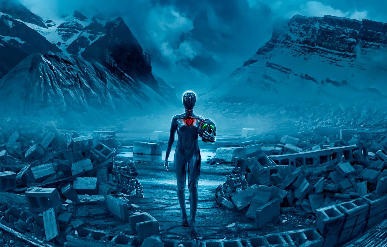 Photo wallpaper mountains, head, ruins, romantically apocalyptic, pilot, alexiuss, Doom, apocalypse