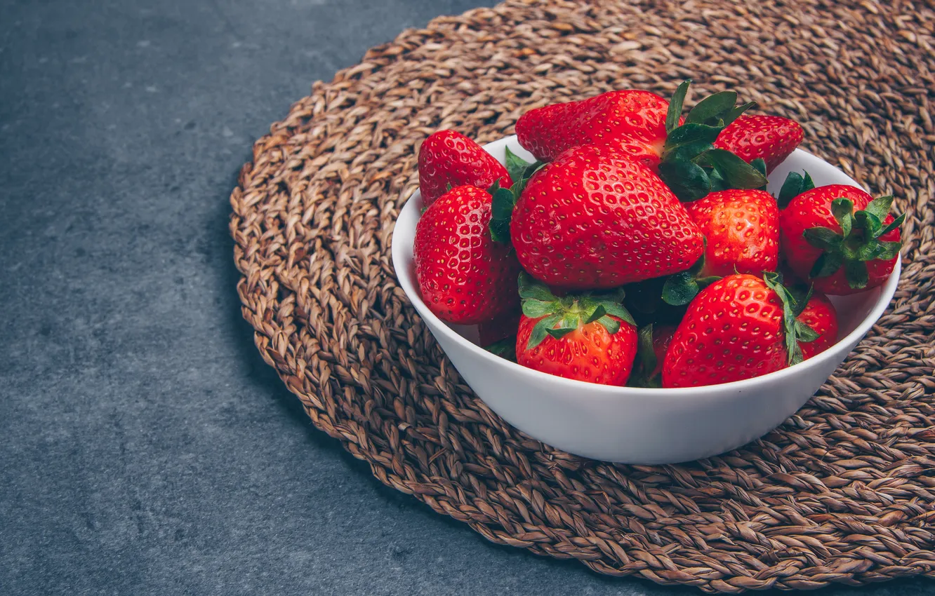 Photo wallpaper berries, strawberry, Mat, grey background, stand, composition, bowl