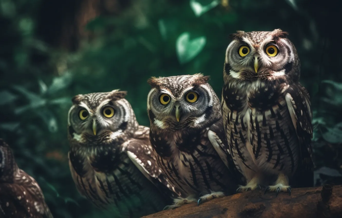 Photo wallpaper eyes, look, trees, nature, owl, bird, foliage, trio