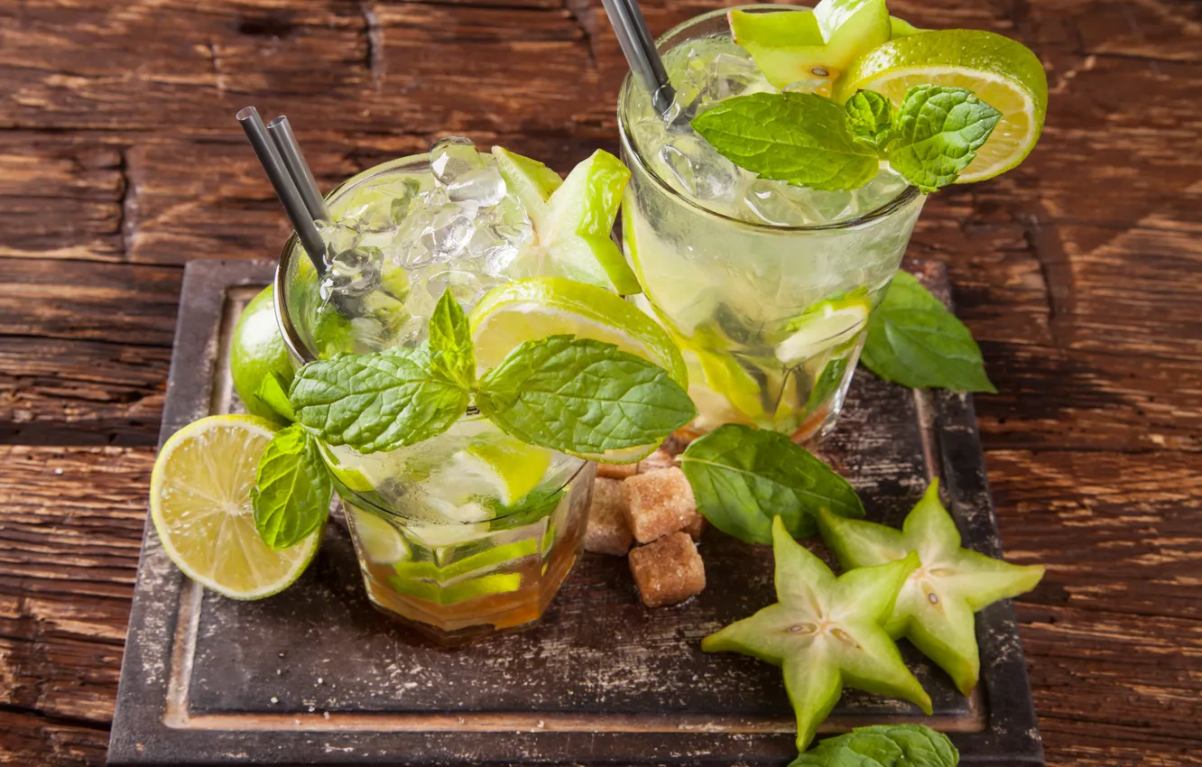 Photo wallpaper ice, cocktail, sugar, lime, ice, mint, tubes, tube