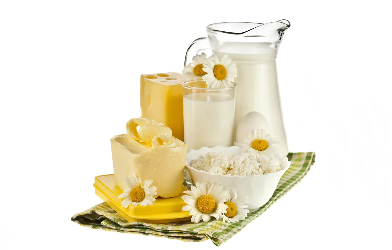 Photo wallpaper flowers, glass, egg, oil, chamomile, cheese, milk, white background