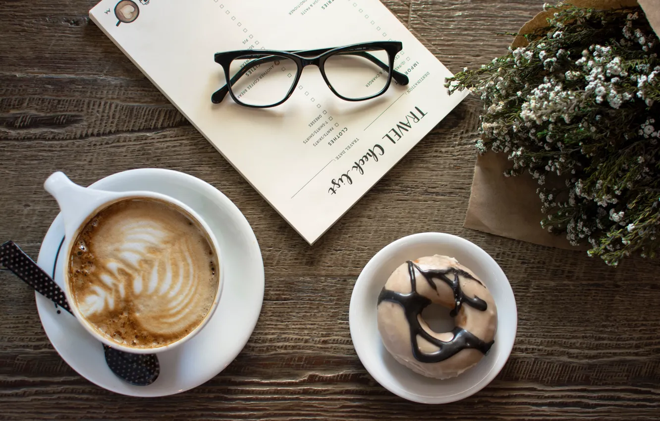 Photo wallpaper paper, table, coffee, bouquet, glasses, spoon, donuts, cappuccino