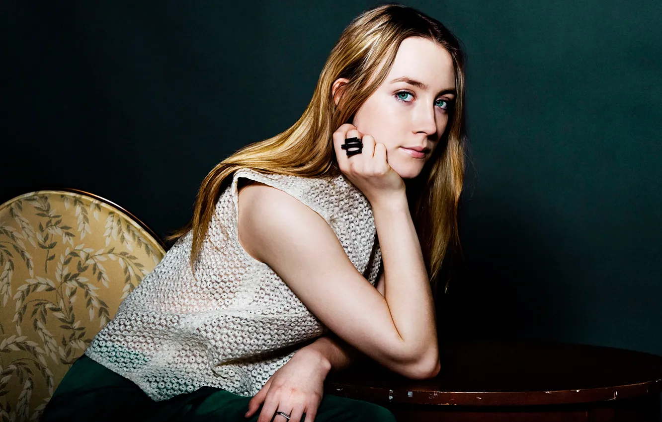 Photo wallpaper eyes, look, girl, table, background, actress, chair, Saoirse Ronan