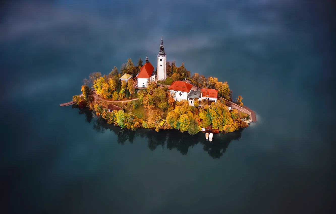 Photo wallpaper autumn, water, landscape, lake, castle, island, Slovenia, Lake bled