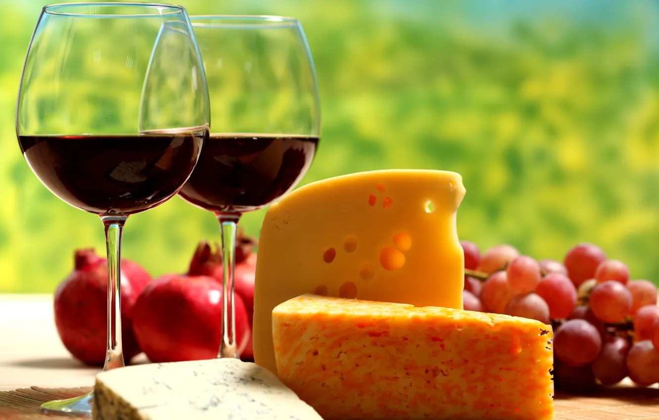 Photo wallpaper red, table, wine, glass, cheese, grapes, garnet, chunks