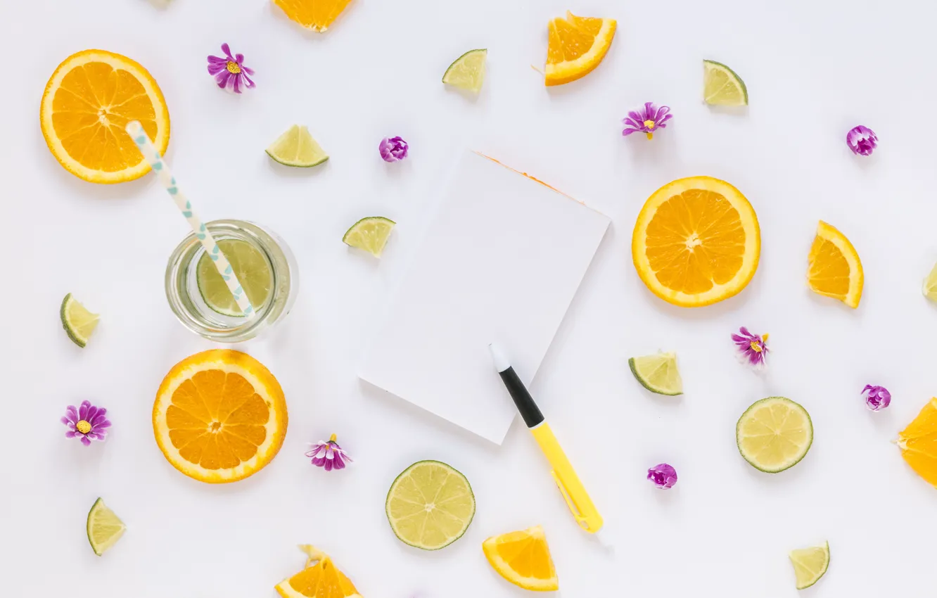 Photo wallpaper orange, citrus, drink, flowers, slices, drink
