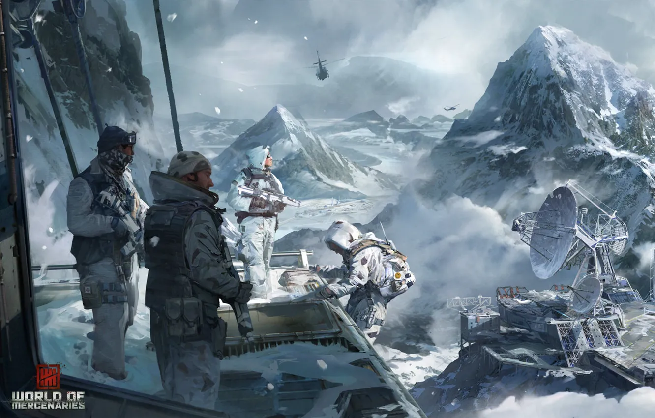 Photo wallpaper snow, mountains, weapons, antenna, soldiers, base, helicopter, World of Mercenaries