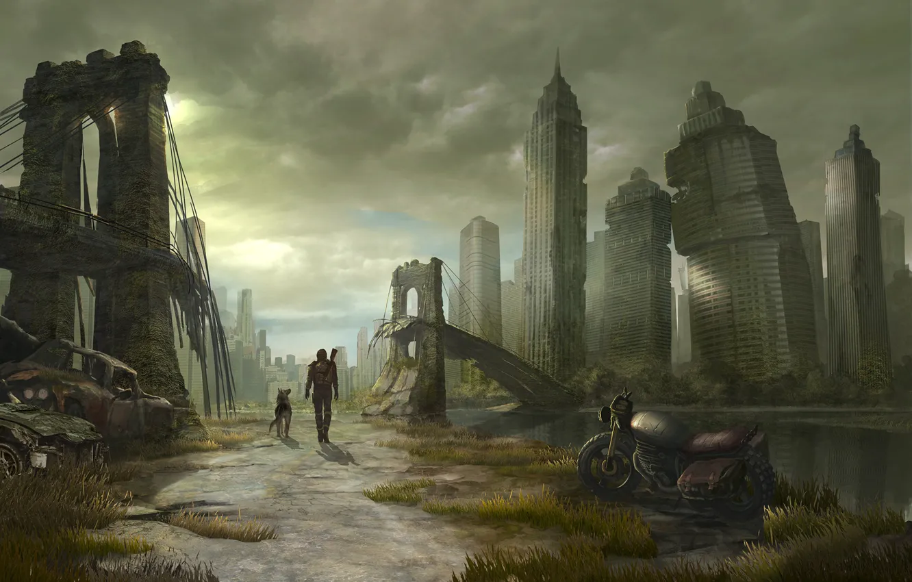 Photo wallpaper city, the city, each, fiction, Apocalypse, people, dog, art
