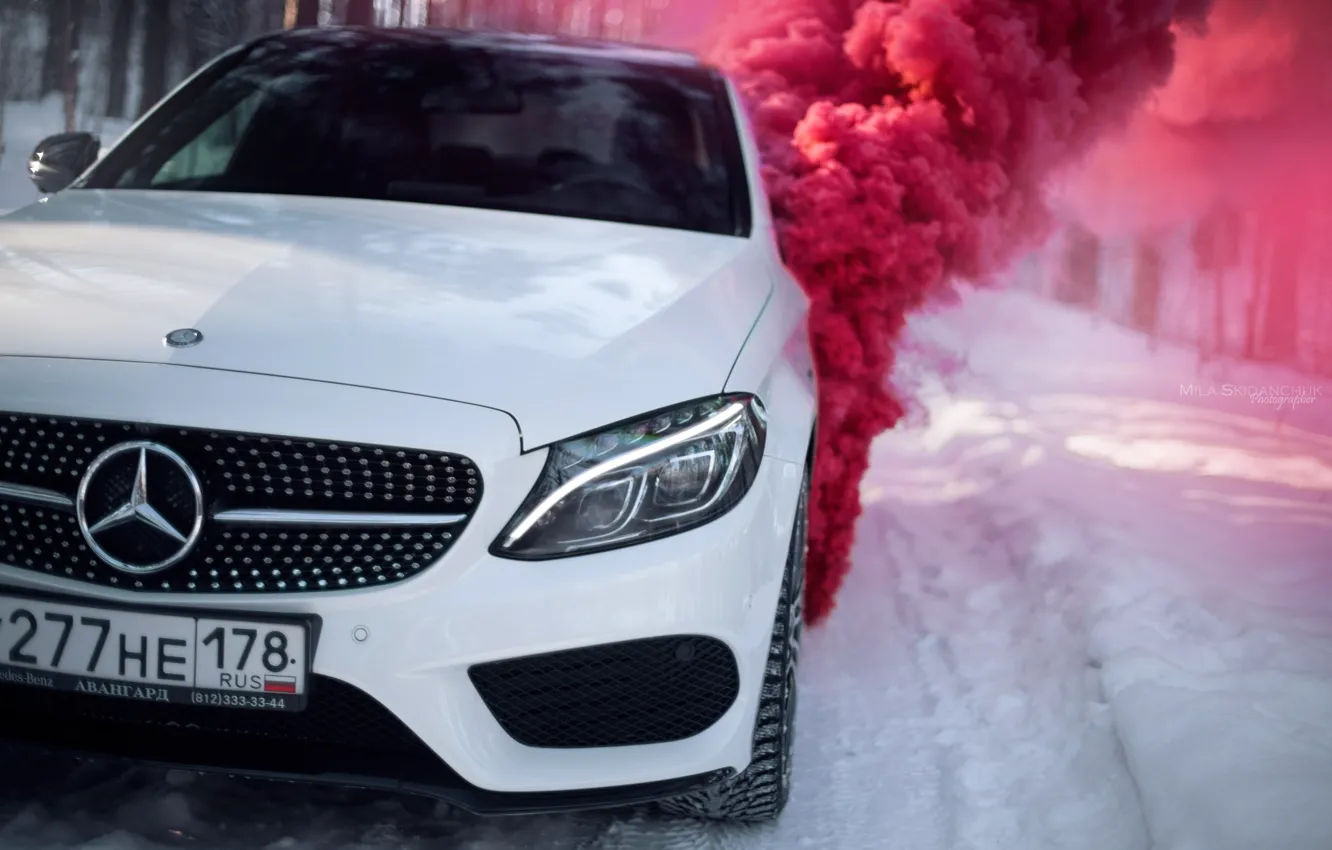 Photo wallpaper winter, car, machine, auto, city, fog, race, tale