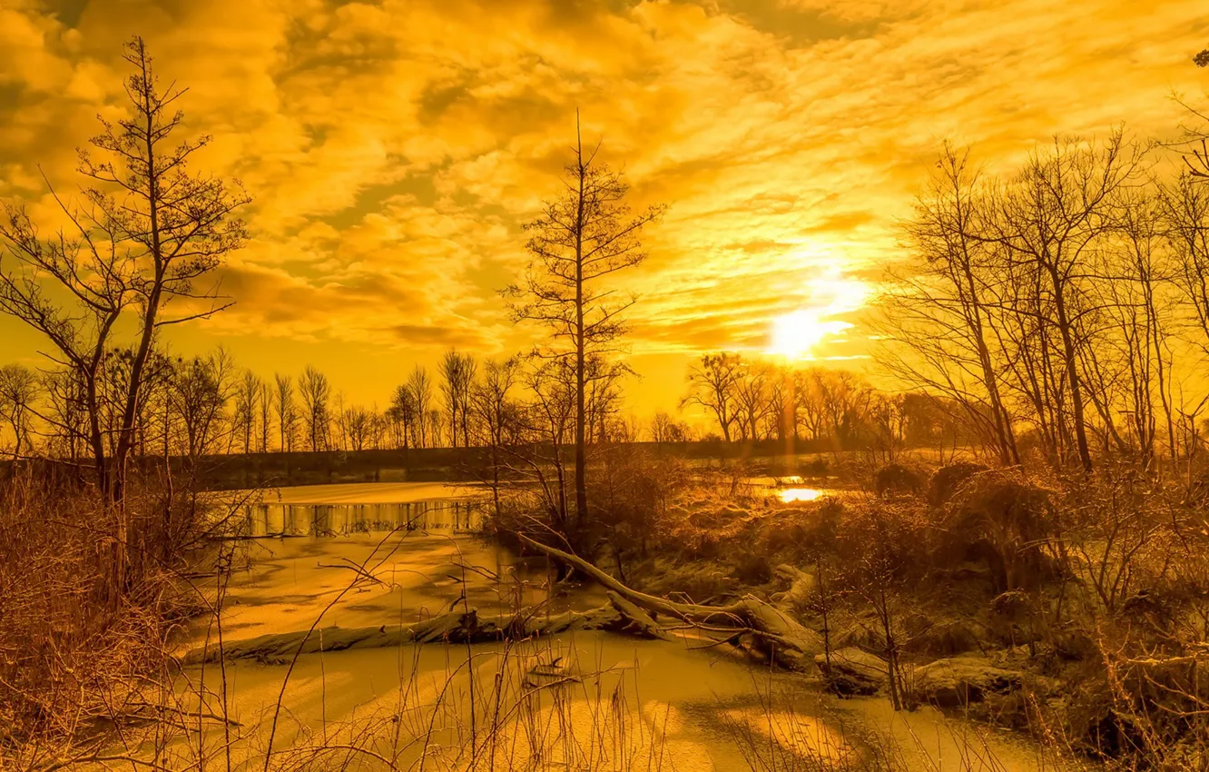 Photo wallpaper winter, sunset, river