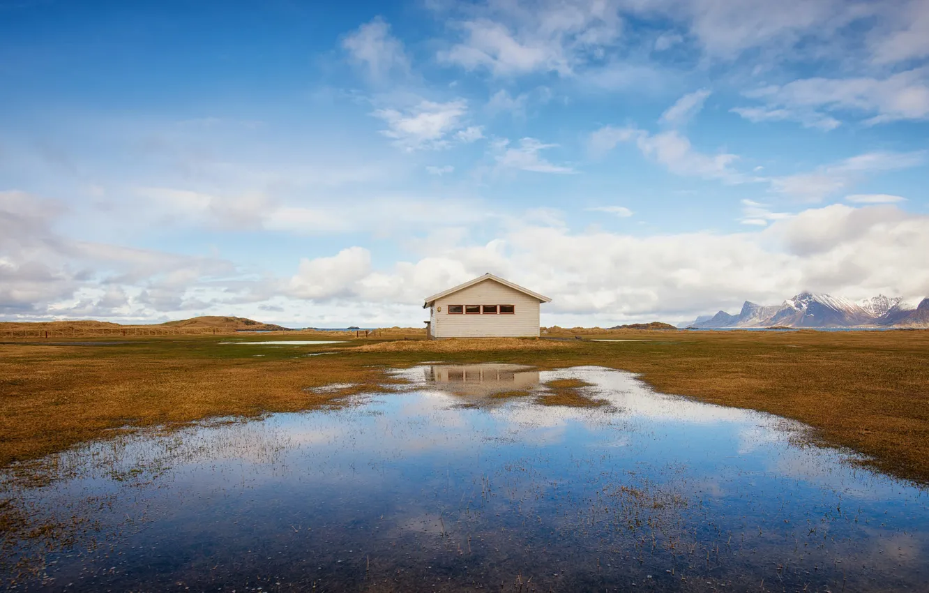 Photo wallpaper field, the sky, clouds, mountains, lake, pond, reflection, home