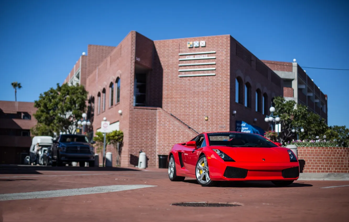 Photo wallpaper the sky, red, street, building, Lamborghini, red, Gallardo, car