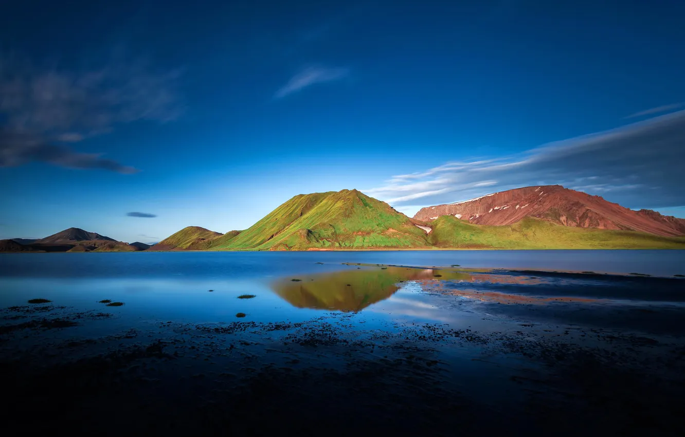 Photo wallpaper the sky, grass, clouds, mountains, nature, lake