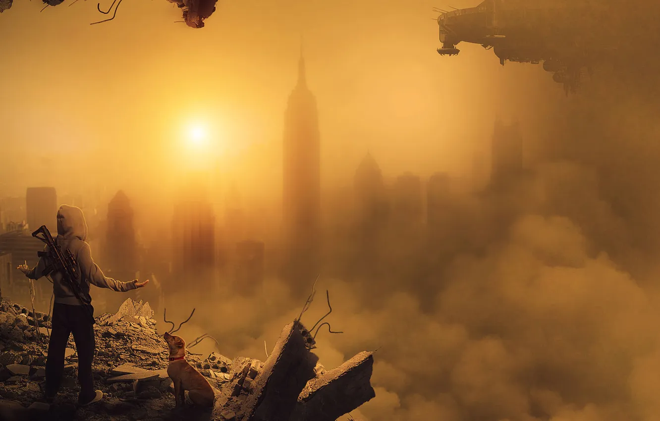 Photo wallpaper weapons, people, dog, dust