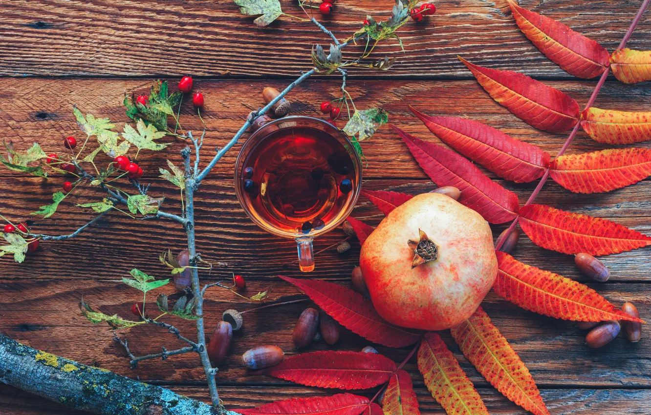 Photo wallpaper autumn, branches, comfort, tea, Board, briar, Cup, acorns