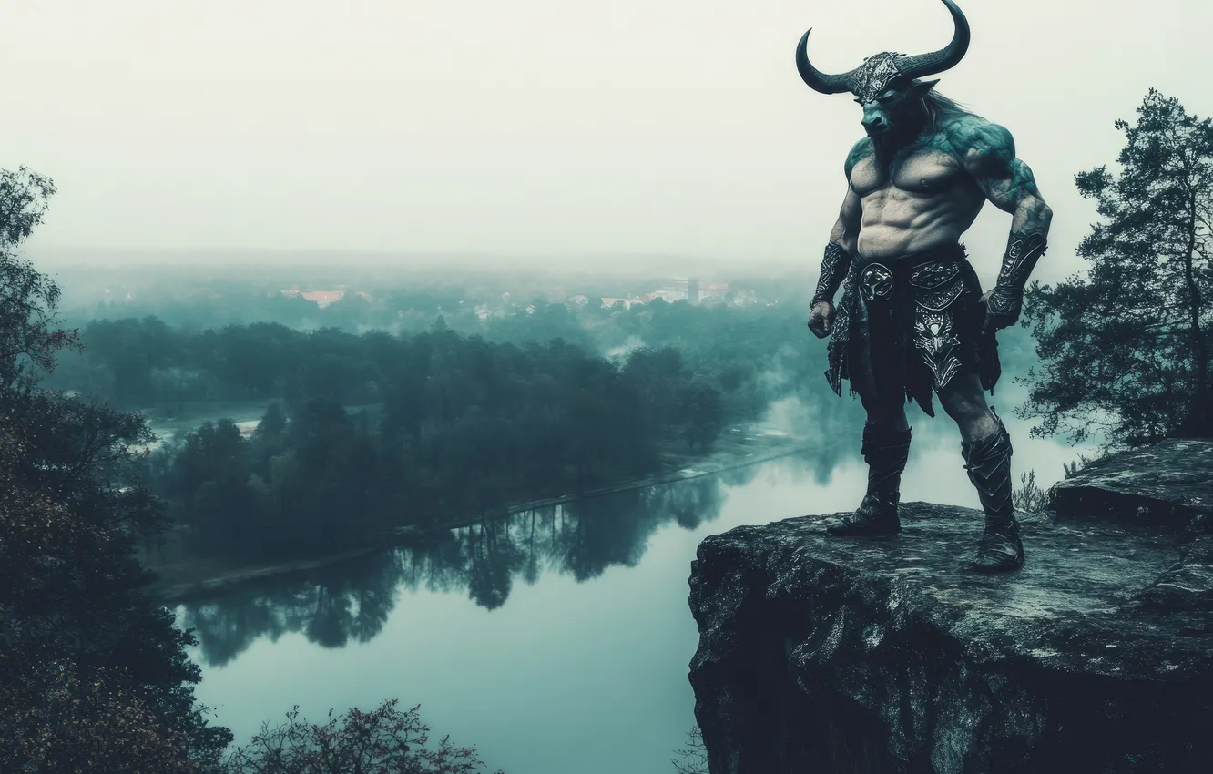 Photo wallpaper river, rocks, horns, monster, the Minotaur, digital art, mythology, AI art