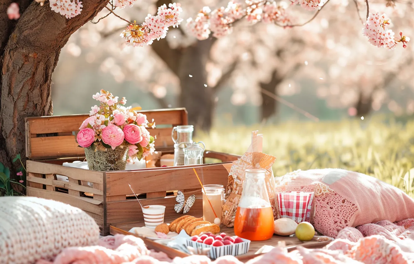 Photo wallpaper trees, Park, spring, Sakura, picnic, flowering, trees, pink