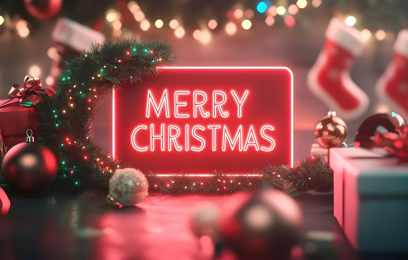Photo wallpaper balls, gift, the inscription, new year, blur, Christmas, tinsel, needles