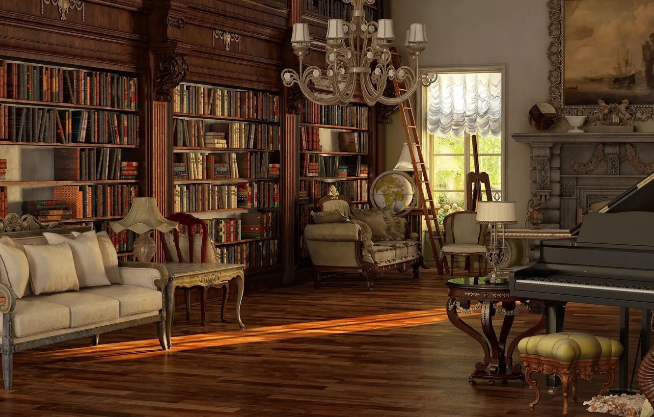 Photo wallpaper style, interior, piano, fireplace, library, Unique Goth Living Room