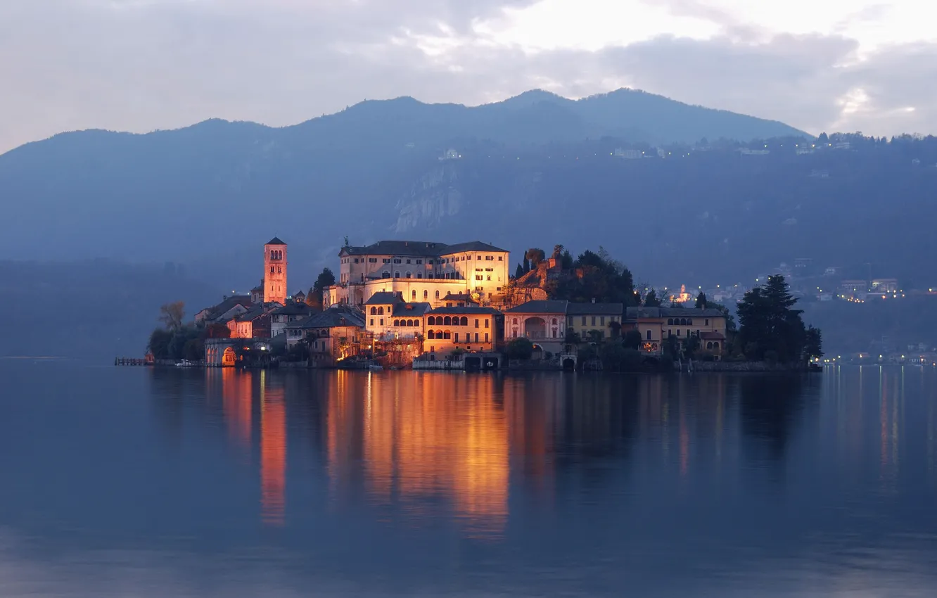 Photo wallpaper lights, Italy, lake, island, island of San Giulio, orta lake