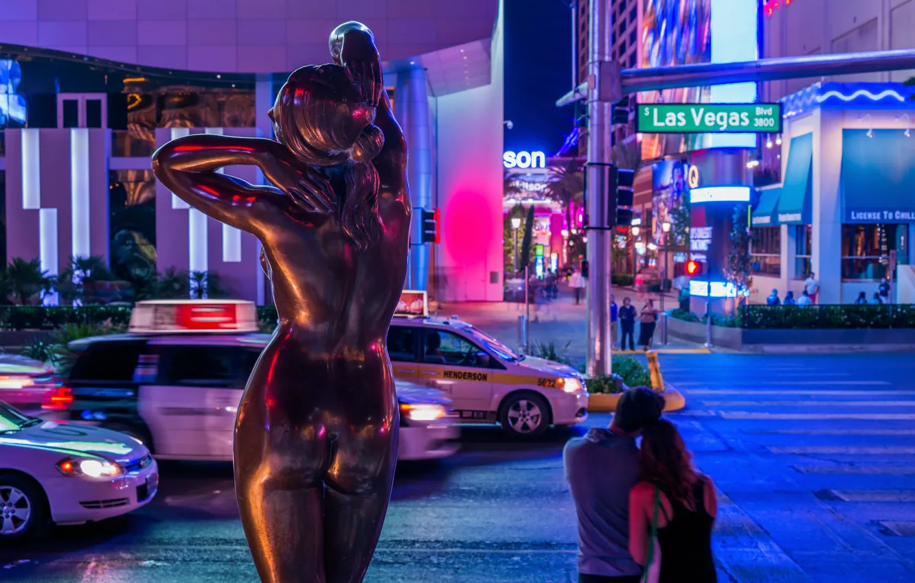 Photo wallpaper night, street, statue, Las Vegas