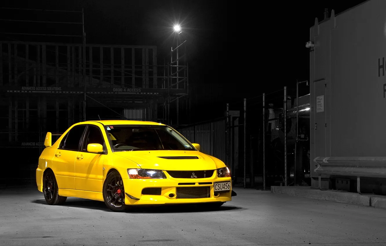 Photo wallpaper Mitsubishi, Lancer, Evolution, Night, Yellow
