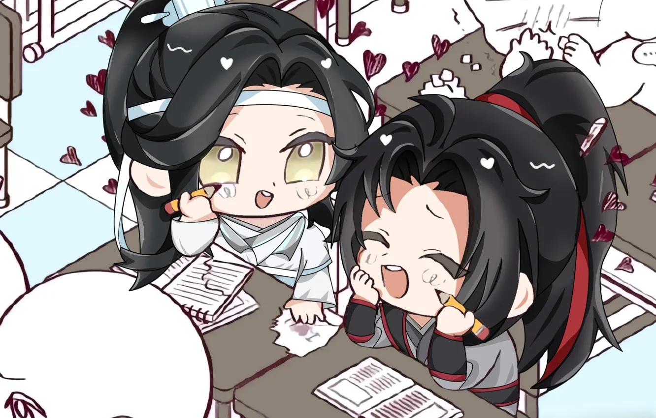 Photo wallpaper love, table, hearts, school, notebook, Chibi, lesson, Mo Dao Zu Shi