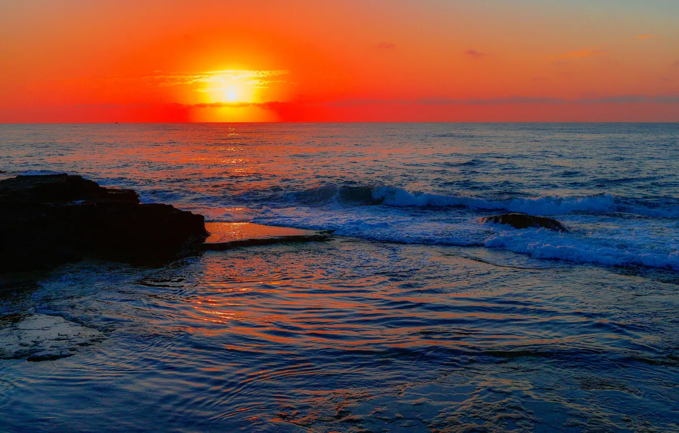 Photo wallpaper sea, sunset, rocks, horizon, glow