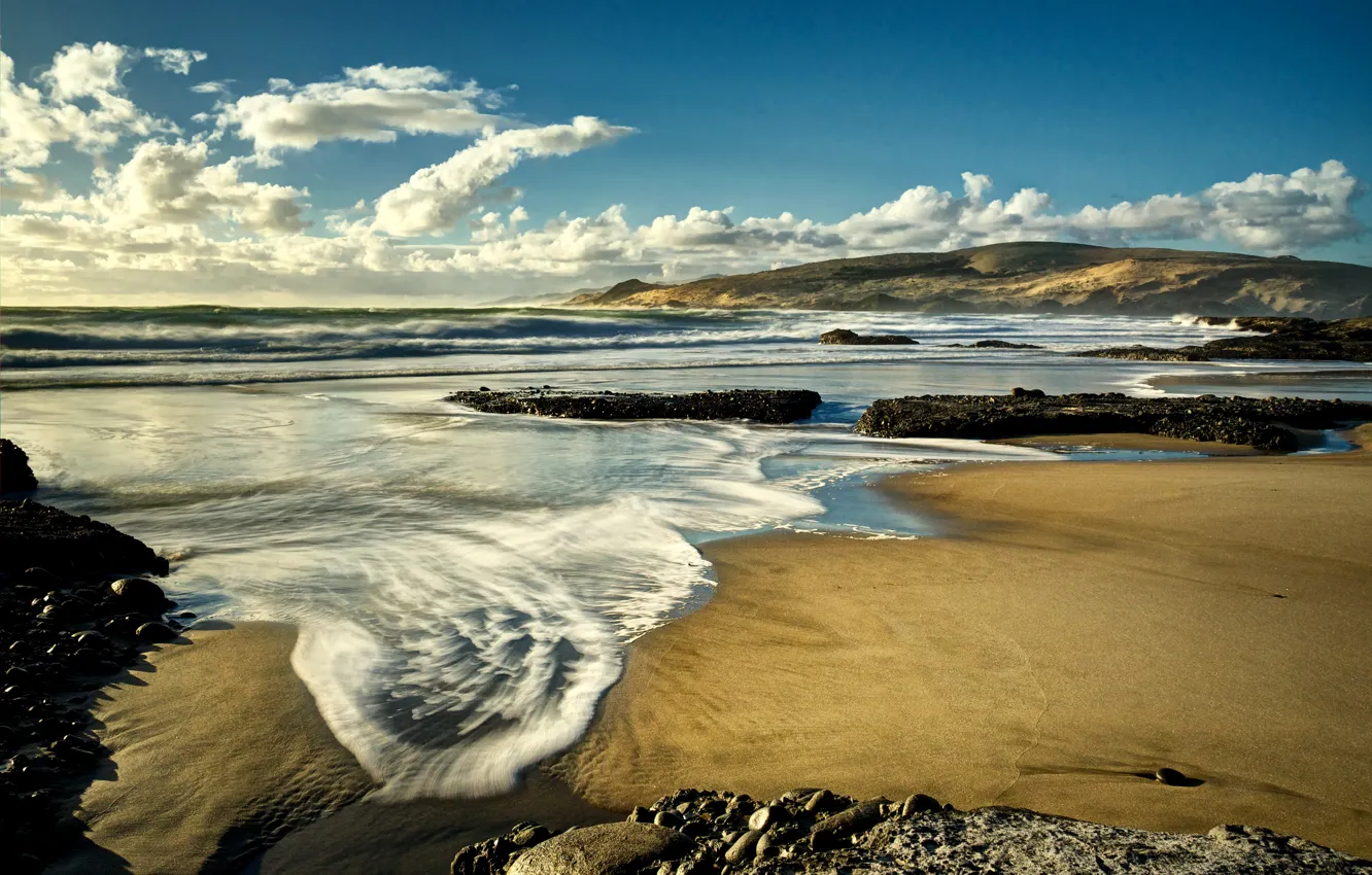 Photo wallpaper sand, sea, wave, the sky, clouds, stones, coast, New Zealand