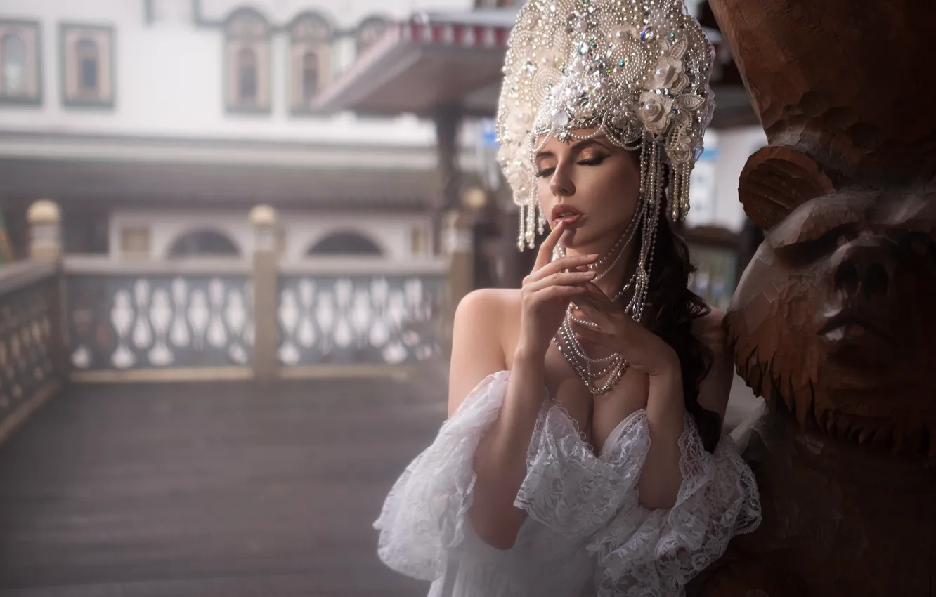 Photo wallpaper girl, style, hands, makeup, dress, beads, the bride, closed eyes