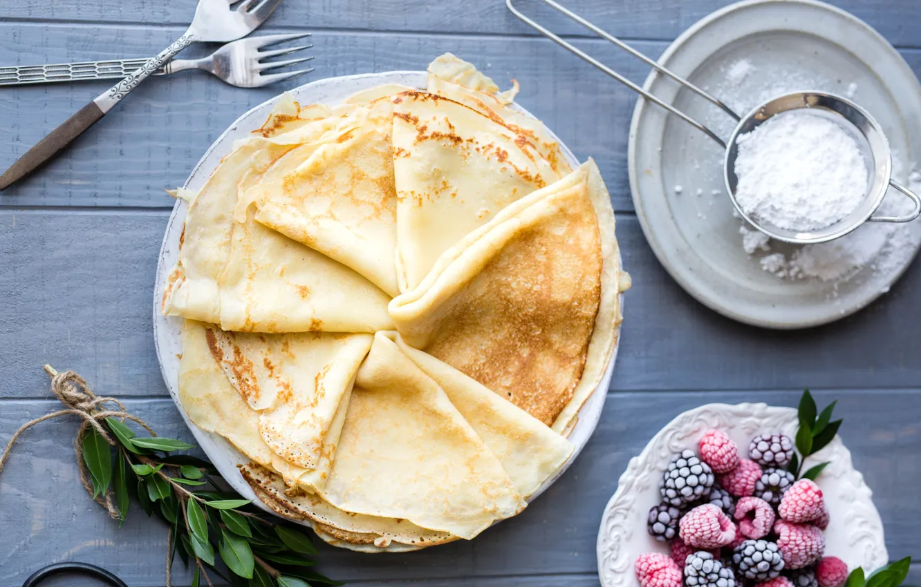 Photo wallpaper berries, Breakfast, pancakes, powdered sugar, pancakes