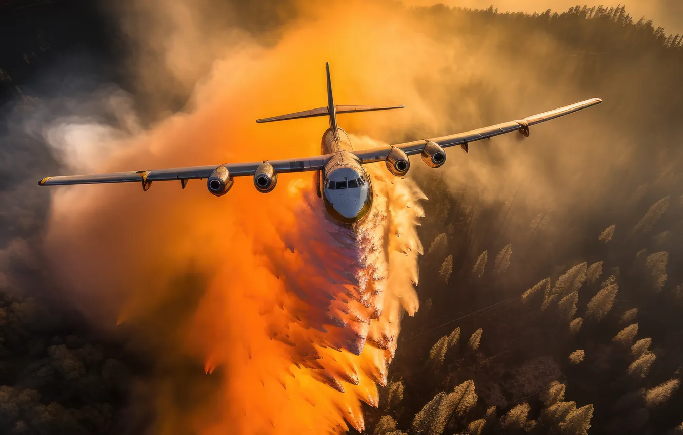Photo wallpaper The plane, Trees, Smoke, Fire, Digital art, Water discharge, Fire plane, AI art