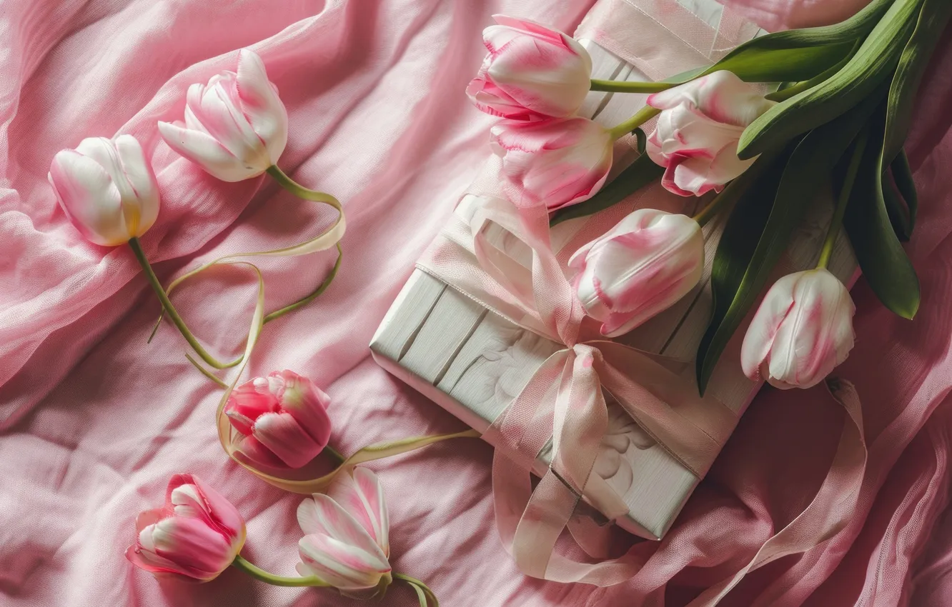 Photo wallpaper leaves, flowers, birthday, holiday, gift, bouquet, spring, tape