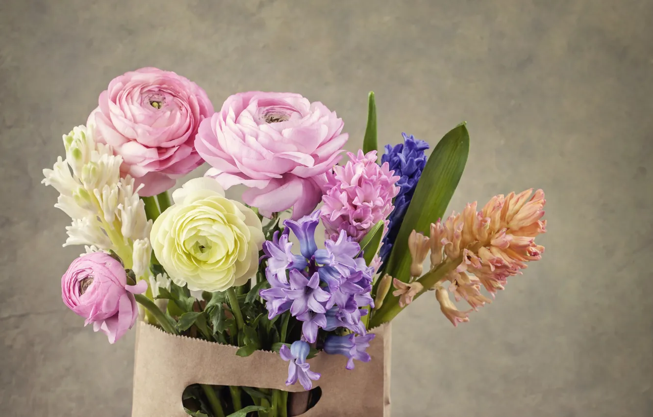 Photo wallpaper flowers, bouquet, bag, Ranunculus, hyacinths