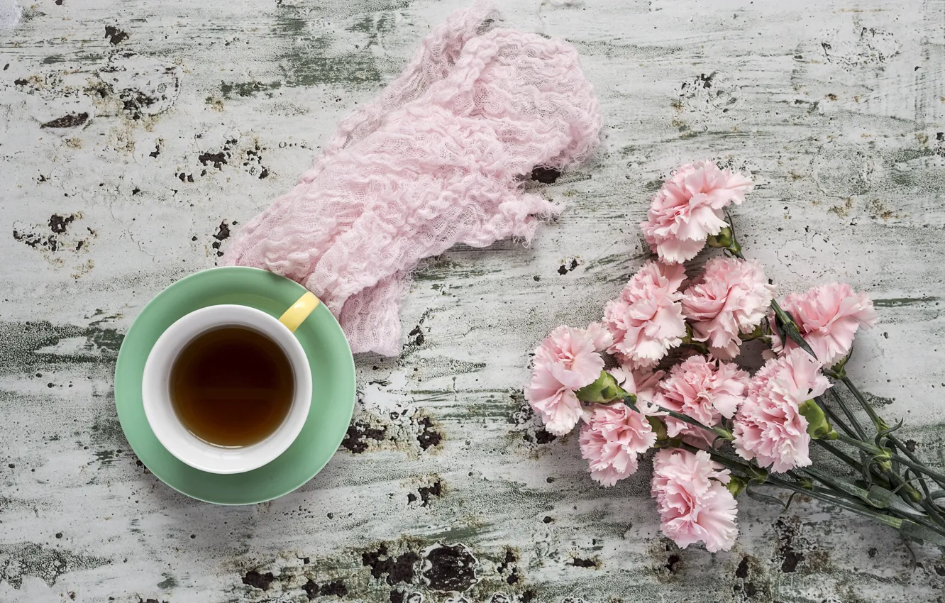 Photo wallpaper flowers, pink, wood, pink, flowers, cup, coffee, clove