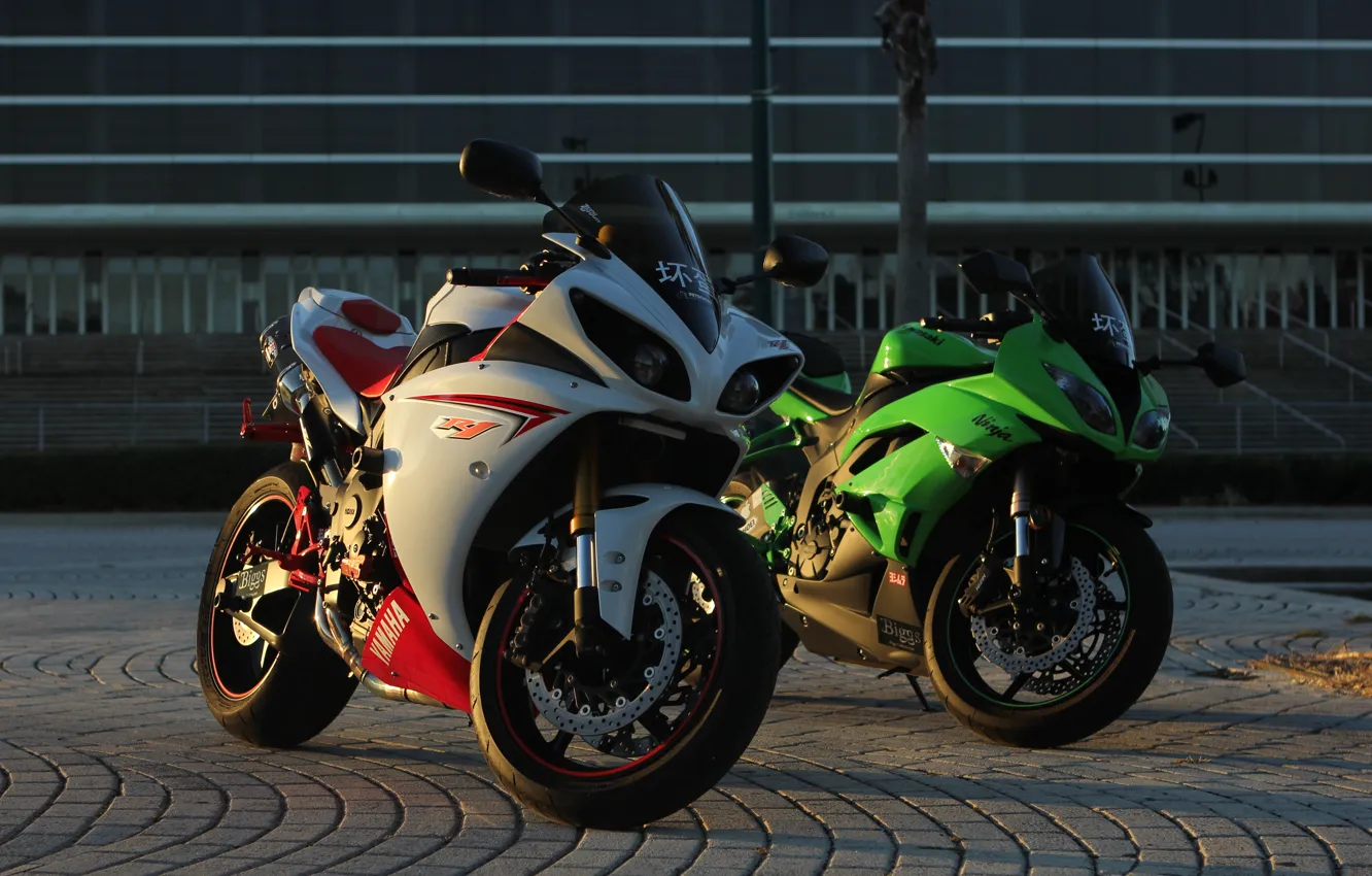 Photo wallpaper green, motorcycles, the evening, white, yamaha, Kawasaki, kawasaki, Yamaha